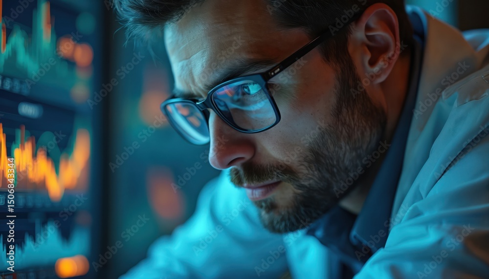 © Pete - Financial analyst reviewing stock market report, focused eyes scanning data on monitor. Man with glasses concentrates on financial charts. Investment, finance, business analysis, economic trends.