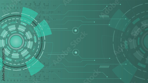 Futuristic digital tech background showing circular interface elements and connected circuit lines in green