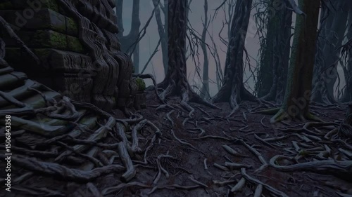 Ancient ruins entangled in roots amid mystical forest transformation at dusk