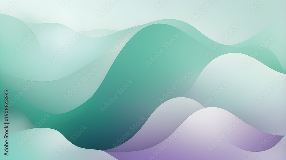 Fototapeta premium A serene abstract gradient background merging emerald green, soft turquoise, and pale lavender with flowing wave-like textures and subtle geometric shapes. AI Generated Image 
