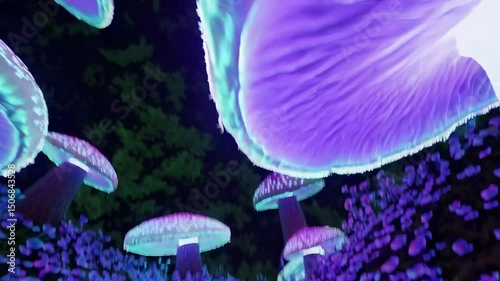 Enchanting neon mushroom forest with glowing fungi and mystery flora