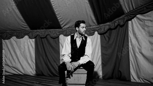Vintage circus performer in thoughtful moment under striped tent
