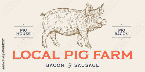 Pork, pig, hog sketch. Vintage retro print, black white farm domestic pig sketch ink pencil style drawing, engrave old school. Sketch artwork silhouette pig, white background. Vector Illustration