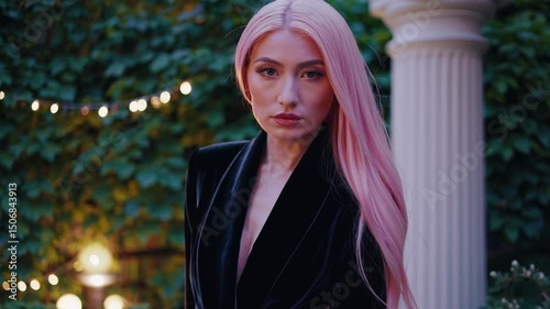 Enchanted evening: elegant woman with pink hair strolls amidst twinkling lights in lush garden