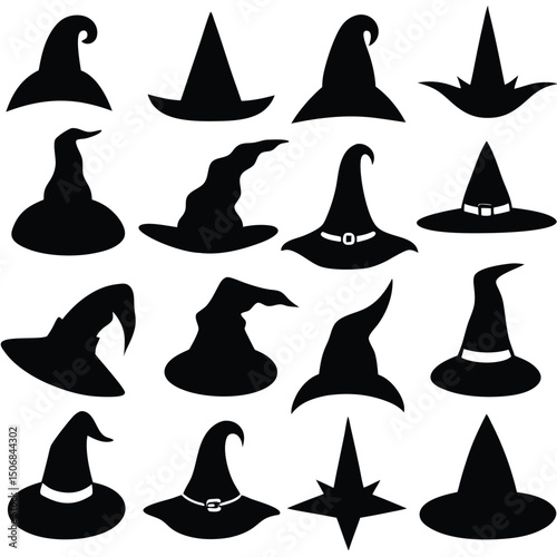 Witch Hat Silhouettes Halloween Costume Party Design Elements, Spell Casting Imagery