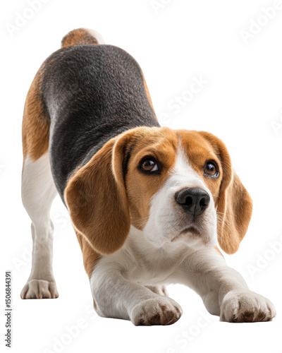 Cute beagle dog doing downward dog yoga pose, showcasing flexibility and playfulness. This adorable canine is isolated against clean background, exuding charm and energy