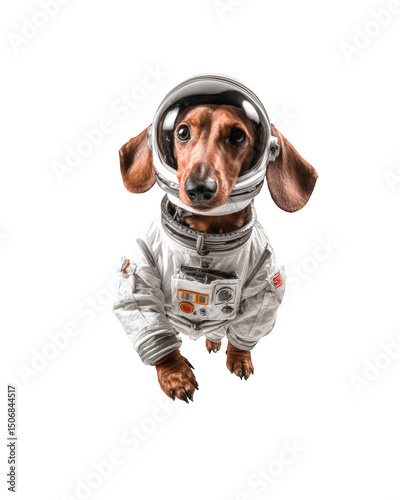 Dachshund in cyber astronaut suit is floating in playful pose, showcasing whimsical and adventurous spirit. This charming scene captures imagination and brings joy