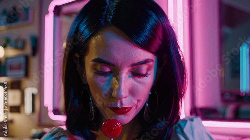 Neon ambiance: woman enjoying lollipop in stylish setting with vibrant lighting