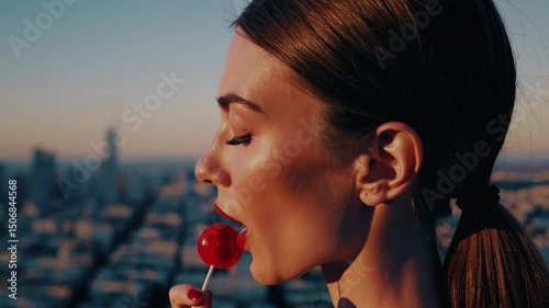 Woman enjoying sunset view over cityscape with lollipop