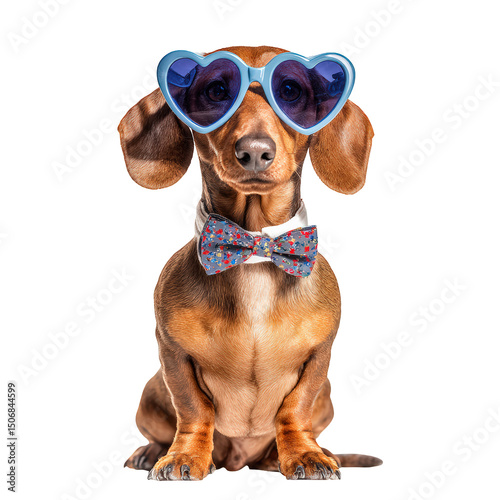Stylish dachshund wearing heart shaped sunglasses and colorful bowtie exudes charm and playfulness. This adorable dog is perfect for capturing attention and spreading joy