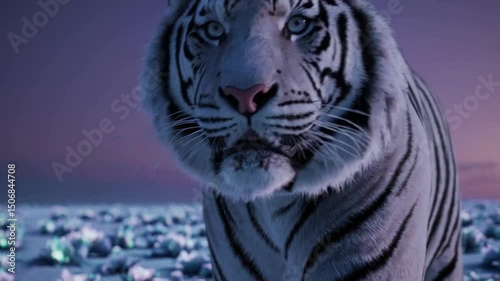Majestic white tiger strolling through frozen tundra at twilight with vibrant sky