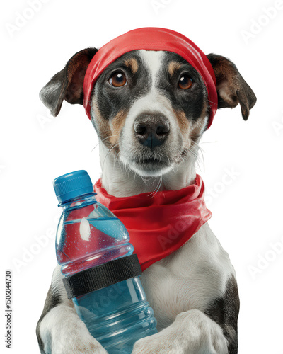Fitness dog wearing red sweatband and holding water bottle, exuding determined and energetic vibe. This playful canine is ready for active day outdoors