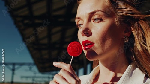 Woman enjoying lollipop in gentle breeze at sunny stadium scene