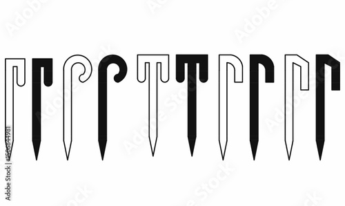 Thin outline silhouette tent pegs set. Camping gear essentials. Use for icons, logos,symnol, instructions, outdoor designs. Minimalist vector illustration