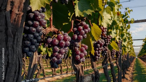 Vivid vineyard: sunlit grapes ripen on lush vines in serene countryside setting