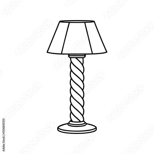 Line art illustration of a table lamp with a twisted rope-style base and conical shade.eps