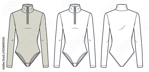 Long Sleeve Bodysuit with mock neck and half zip Technical Fashion Illustration. Swimsuit fashion flat technical drawing template, front and back view, white, beige, women, men, unisex CAD mockup.
