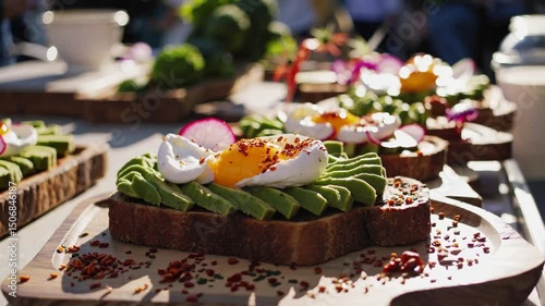 Gourmet brunch: avocado toast with poached egg and chili flakes in sunlit outdoor setting