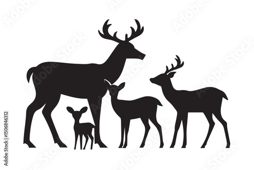 Deer Family Silhouette Vector Illustration with Buck, Doe, and Fawn for Wildlife Art, Nature Scene, Forest Design, and Decoration