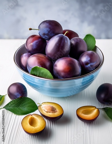 Fresh purple plums, whole and cut in half in a pastel blue ceramic bolw on white wooden table. Generated image