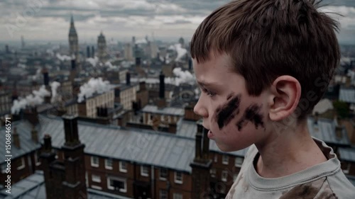 Reflective boy gazing over dramatic urban skyline with cloudy sky