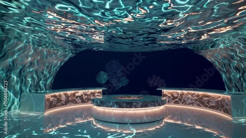 Underwater grotto with reflections and ambient lighting in a mystical ocean setting