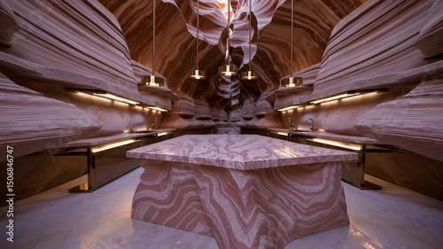 Dynamic interior of luxurious marble hall with modern lighting and organic design elements