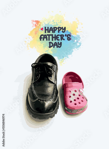 father and child shoes illustration art on white grunge background. together in vintage color tone, love and bound father's day concept