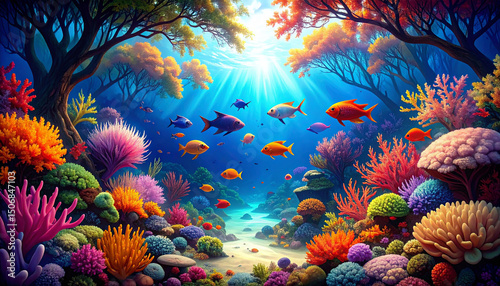 Colorful fish in coral reef – underwater scene