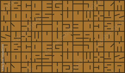 A geometric alphabet pattern featuring abstract letterforms in a square grid layout. The design uses minimal lines and negative space to create a code-like visual effect, perfect for use in modern 