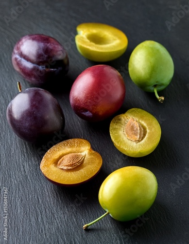 Purple, green and yellow plums whole and cut in half  on black slate stone on black background. Generated image