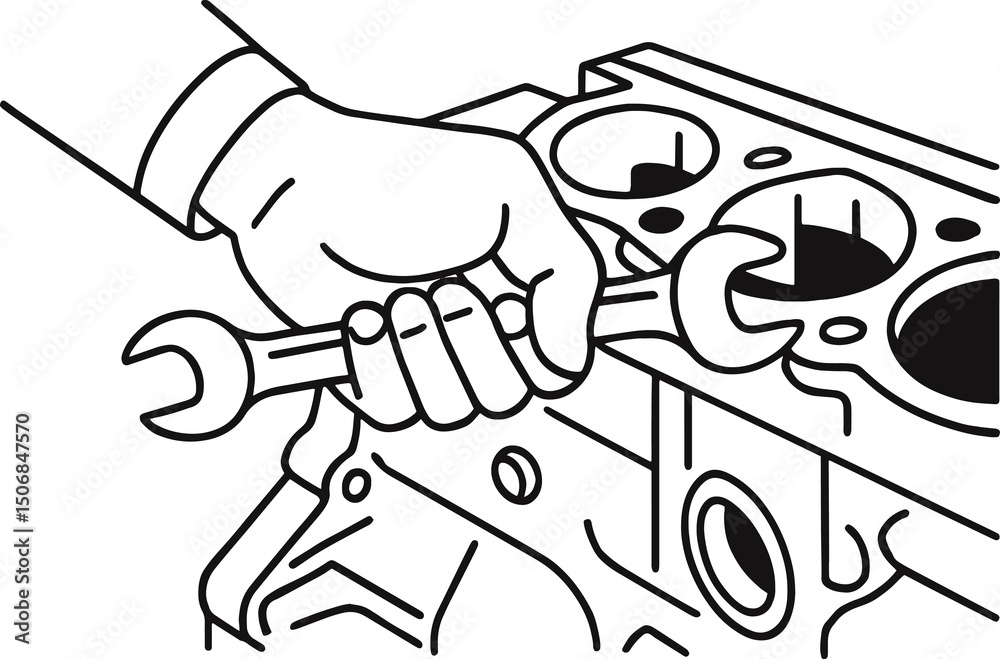 Fototapeta premium Hands holding wrenching on Engine Block