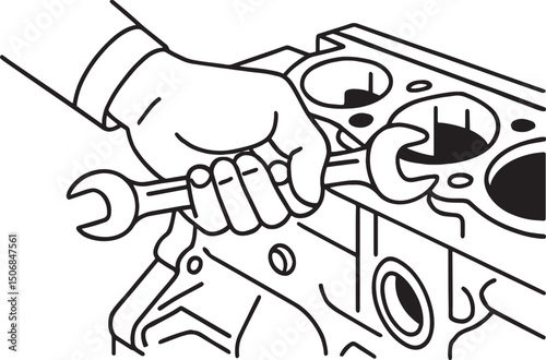 Hands holding wrenching on Engine Block