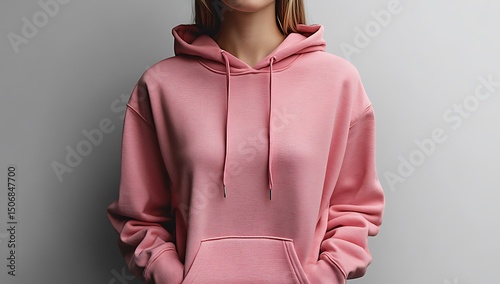 Young Woman in Pink Hoodie Smiling Softly Against Gray Background

 photo