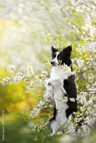 purebreed black and white border collie dog with brown eyes, black nose showing a trick with her front paws raised up in the white blossom branches of nature tree and blur green background. vertical