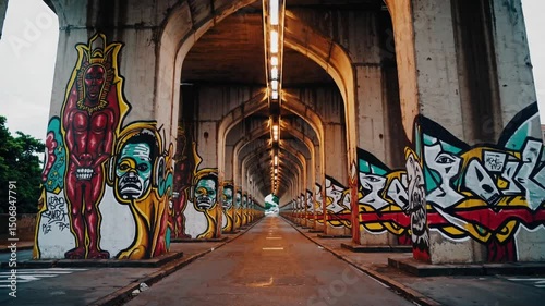 Vibrant urban graffiti on underpass with perspective shift during dusk