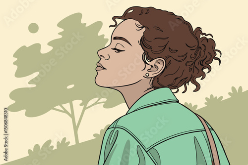 Peaceful Woman in Nature Vector – Relaxed Female Profile Illustration, Serene Outdoor Calm Scene, Mindfulness and Wellness Concept Art