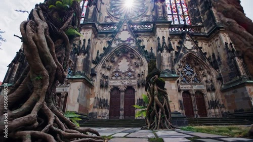 Ancient cathedral engulfed by nature's roots: a dance between architecture and flora