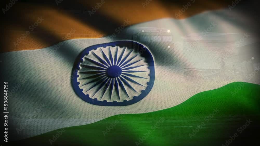 Indian military illustration. Indian Army with waving flag of India.