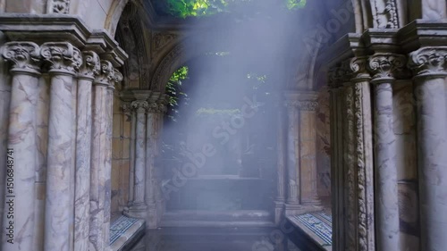 Mystical garden passage: ancient archways and sculptures amidst lush greenery and mist