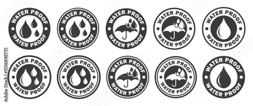 Waterproof drop circle stamp icon symbol. Water Proof sign logo. Water protection, liquid proof.  Vector illustration image. Isolated on background.