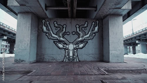 Dramatic zoom on urban street art under bridge showcasing intricate deer mural