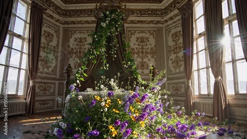 Blooming transformation in a sunlit vintage room with cascading greenery