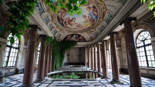 Lush indoor garden in grand hallway with ornate ceiling and large windows