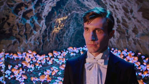 Mysterious journey through luminescent cave with enchanted mushrooms