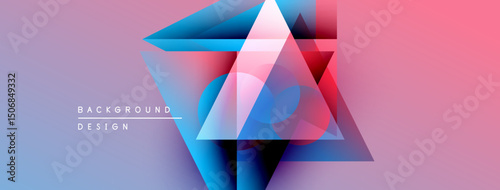 Abstract geometric design. Triangles overlap, creating vibrant color gradients. Background transitions from purple to pink, blue hues present.