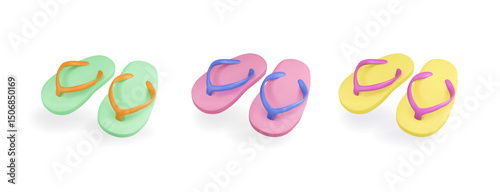 Flip flops 3d cut realistic icons. Summer beach Sandals, Summertime vacation elements