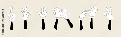 Set of 70s groovy comic hands. Collection of cartoon character hand in different emotions. Cute retro groovy hippie illustration for decorative, sticker