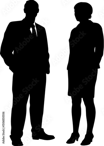 Two black silhouetted figures in suits, one male and one female, standing side by side. Both shown from the chest up, facing the viewer with their heads in profile. Minimalist, flat graphic design wit