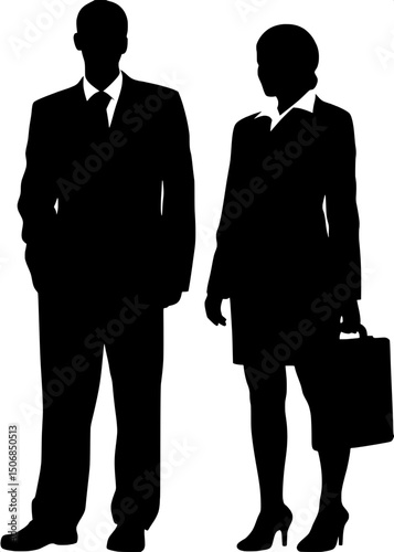 Two black silhouetted figures in suits, one male and one female, standing side by side. Both shown from the chest up, facing the viewer with their heads in profile. Minimalist, flat graphic design wit